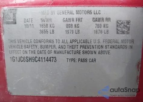 2012 Chevrolet Sonic 2Lt from USA, damaged, VIN 1G1JC6SH9C4114473